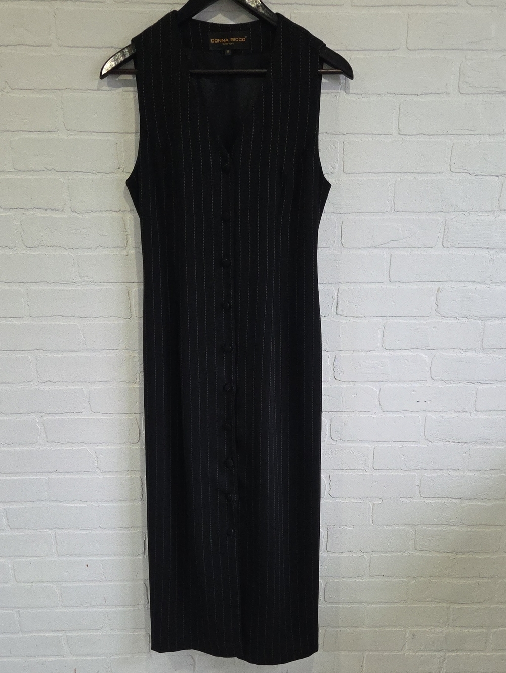 Donna Ricco Black Pinstripe Sleeveless Button-Front Maxi Vest Dress
